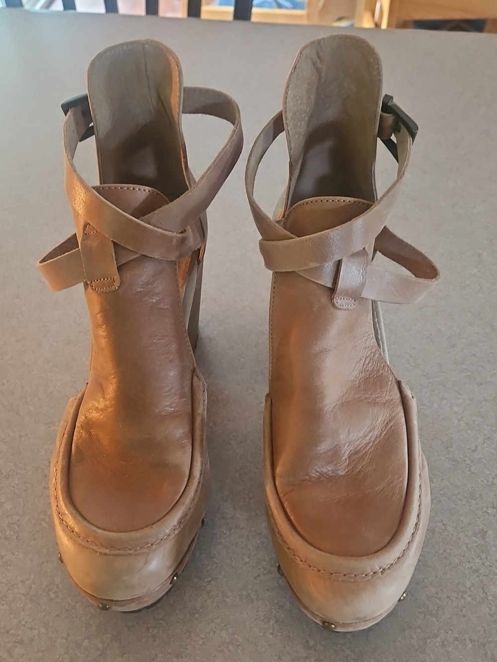 Free People Brown Leather Cedar Clogs with Ankle Strape